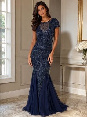 Sherri Hill 51426 Size 4 NWT Navy Beaded Mermaid Evening Gown Formal Prom Dress